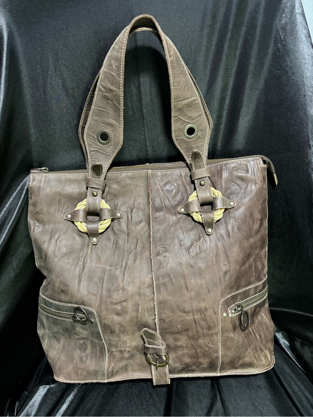 Vintage-style distressed brown Italian leather shoulder tote bag